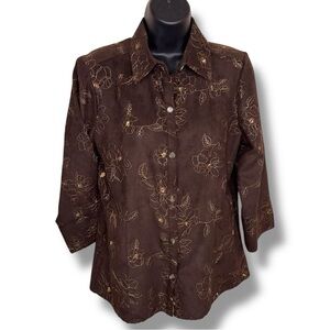 Vintage Small Sag Harbor Brown Embroidered Button Up Top 3/4 Sleeve Floral